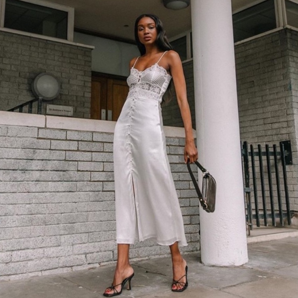 Zara Lace White Satin Button Midi Dress
